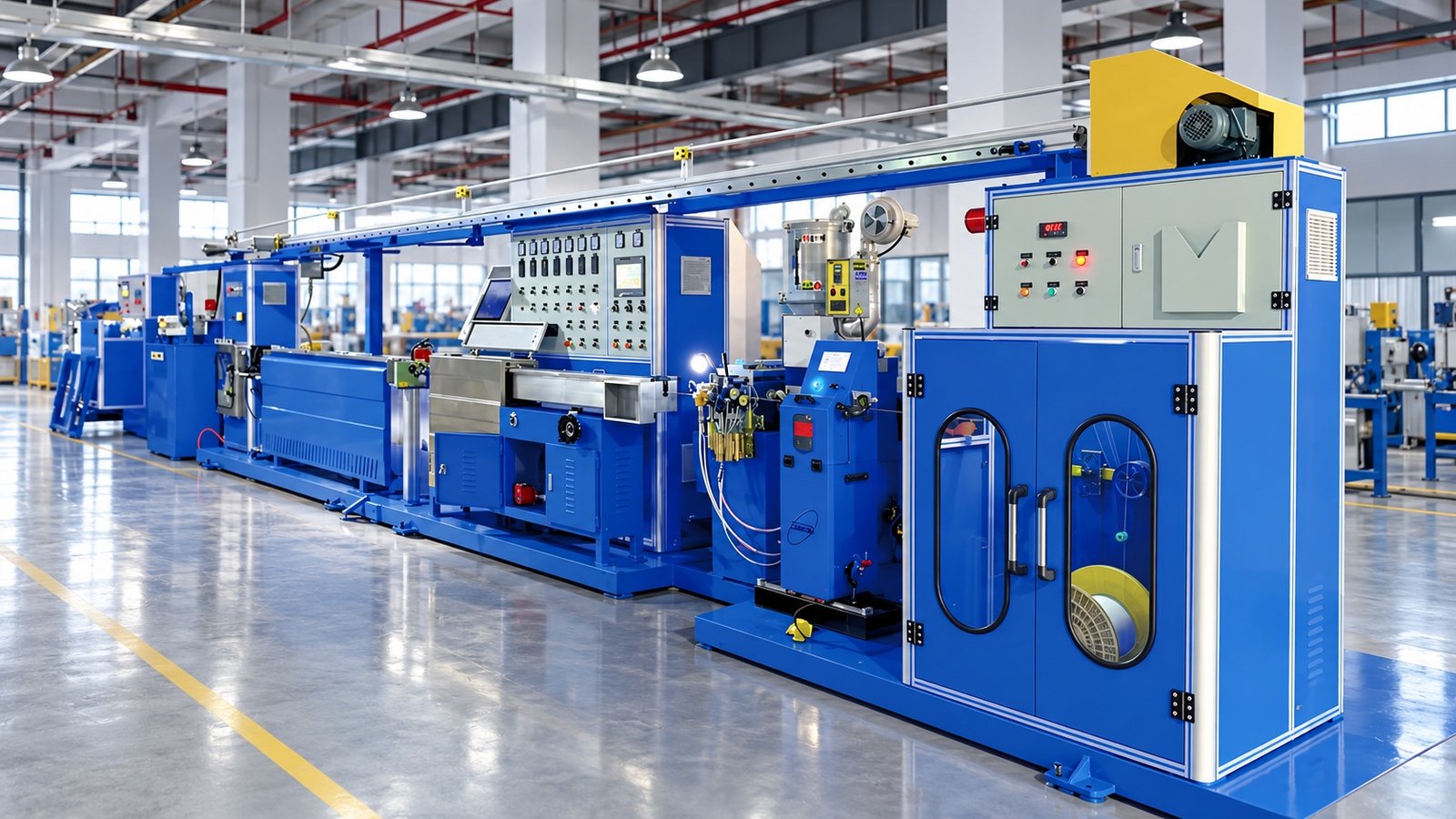 AI-generated visualization of a blue cable extrusion line in an industrial workshop